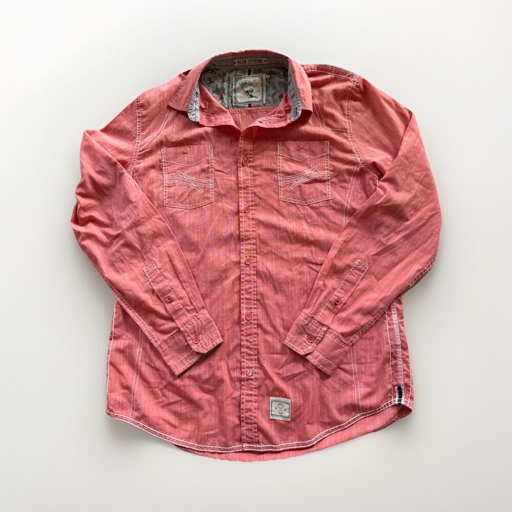 Drill Men's L Pink Slim Fit Long Sleeve Button-Up Shirt Pockets Solid